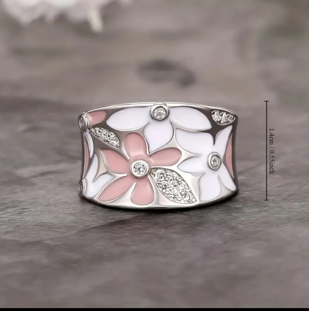 ENAMEL DAISY Floral🌼 & Zircon Wide Band Ring - Picture 3 of 7